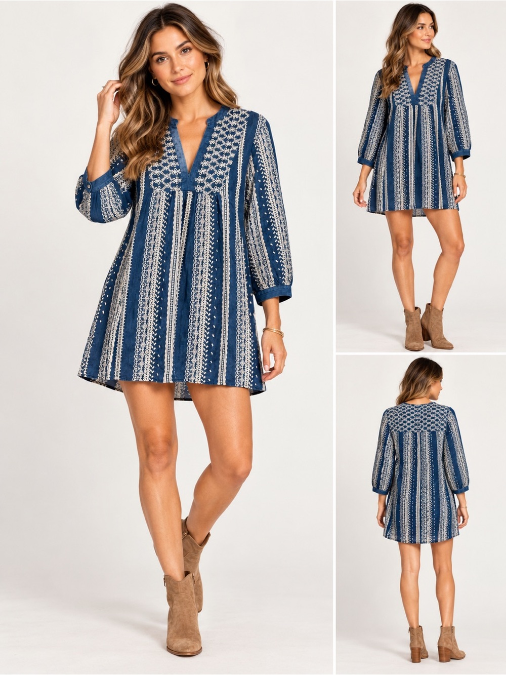 Zara Blue Chambray Embroidered Eyelet Cotton Boho Mini Dress Tunic Top M